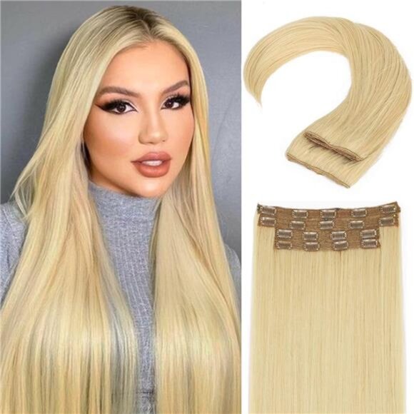4PCS Clip in Long Soft Hair Extensions Synthetic Blonde Mix Beige